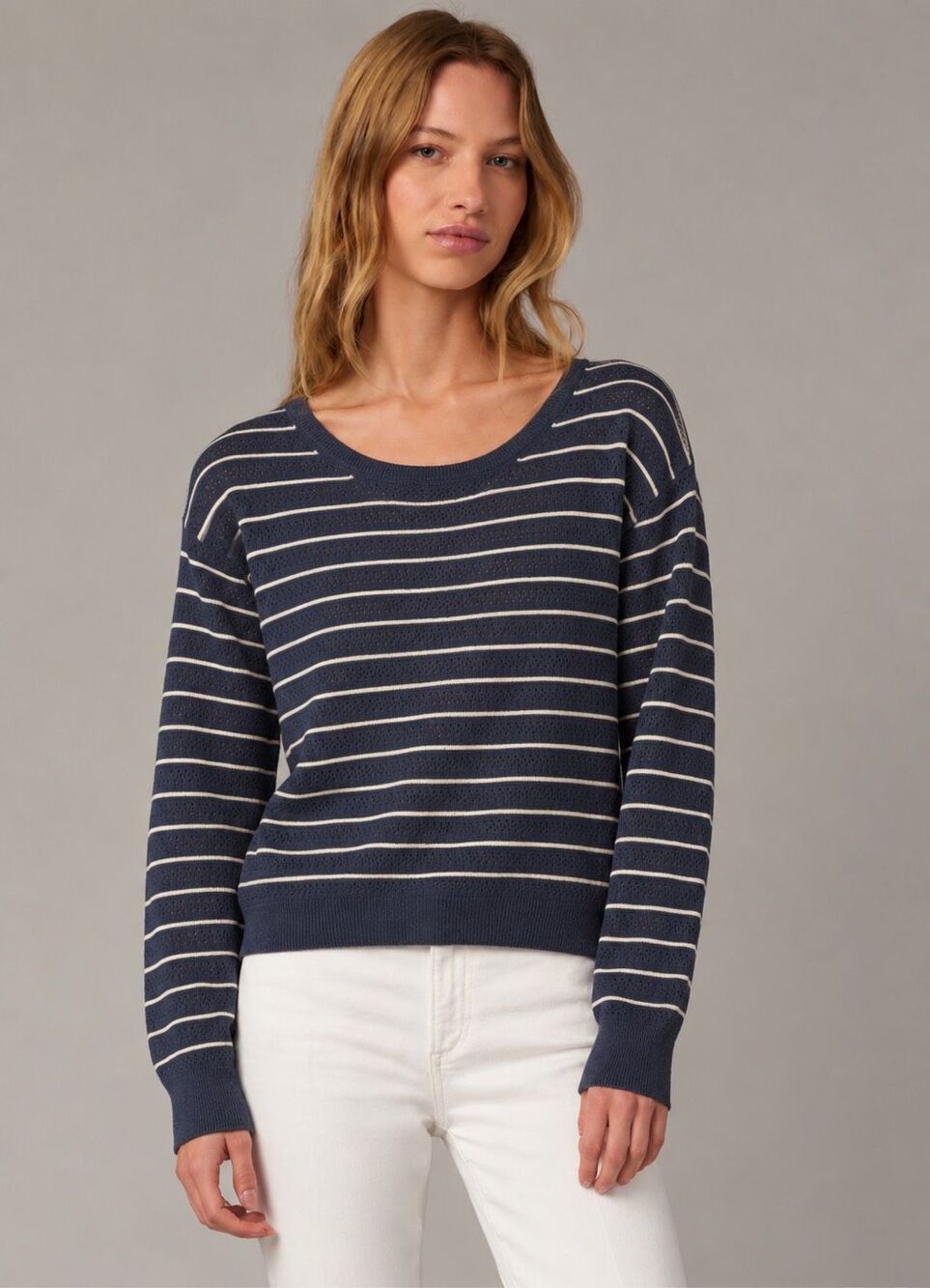 White + Warren Cream & Blue Striped Pointelle Cotton-Blend Sweater, Med $325 A7